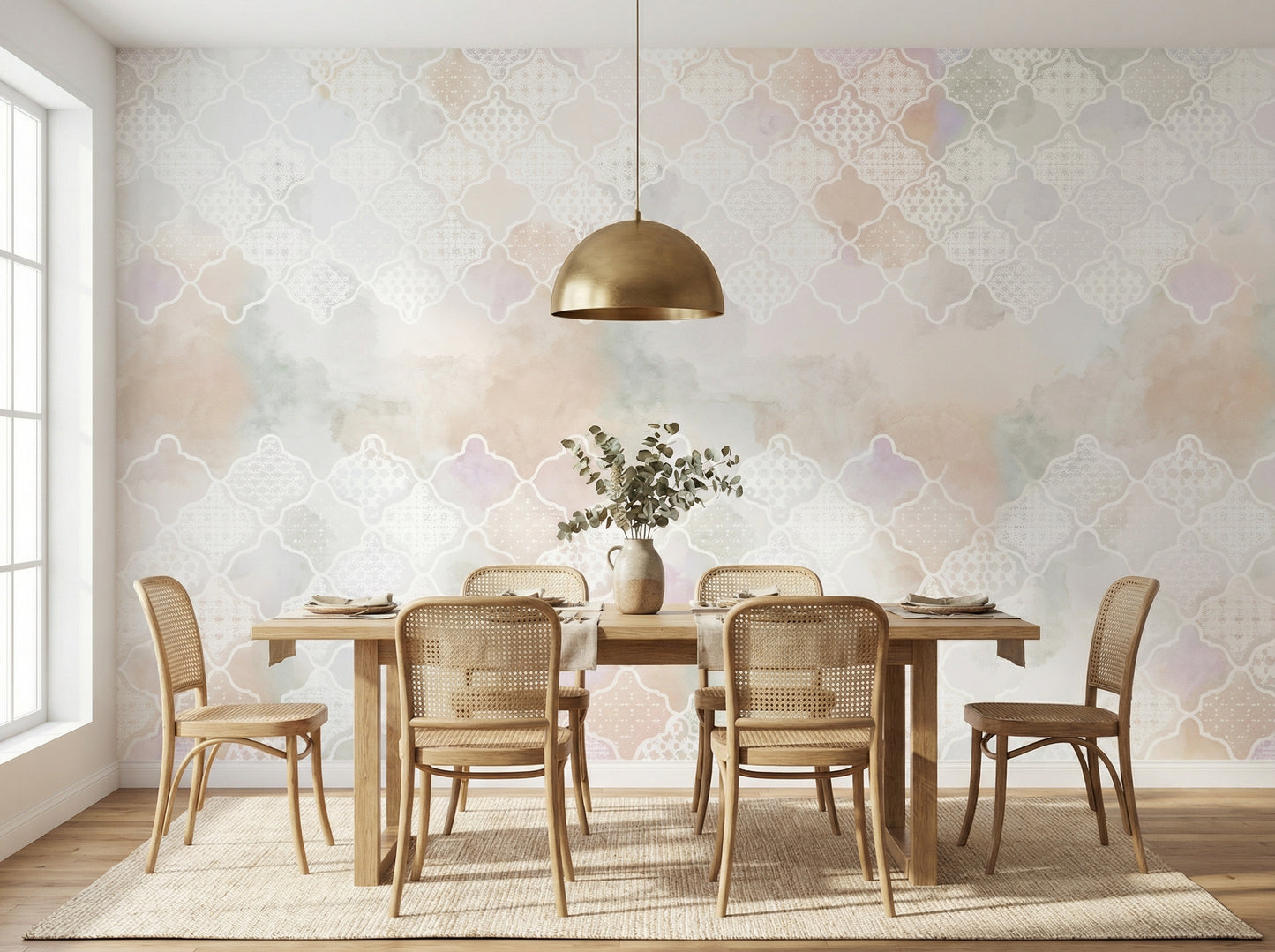 Elegant dining room featuring Alhambra Moroccan pattern wallpaper with a soft watercolor blend of pastel hues. A golden pendant light hangs above a wooden dining table with rattan chairs. Ideal for modern Egyptian home decor.
غرفة طعام أنيقة تتميز بورق حائط Alhambra بنمط مغربي وألوان مائية هادئة. ثريا ذهبية معلقة فوق طاولة خشبية وكراسي من الخيزران. مثالي لديكور المنازل العصرية في مصر.
room: dining room
