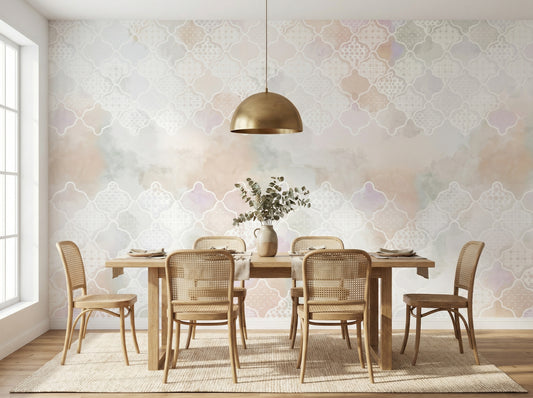 Elegant dining room featuring Alhambra Moroccan pattern wallpaper with a soft watercolor blend of pastel hues. A golden pendant light hangs above a wooden dining table with rattan chairs. Ideal for modern Egyptian home decor.
غرفة طعام أنيقة تتميز بورق حائط Alhambra بنمط مغربي وألوان مائية هادئة. ثريا ذهبية معلقة فوق طاولة خشبية وكراسي من الخيزران. مثالي لديكور المنازل العصرية في مصر.
room: dining room