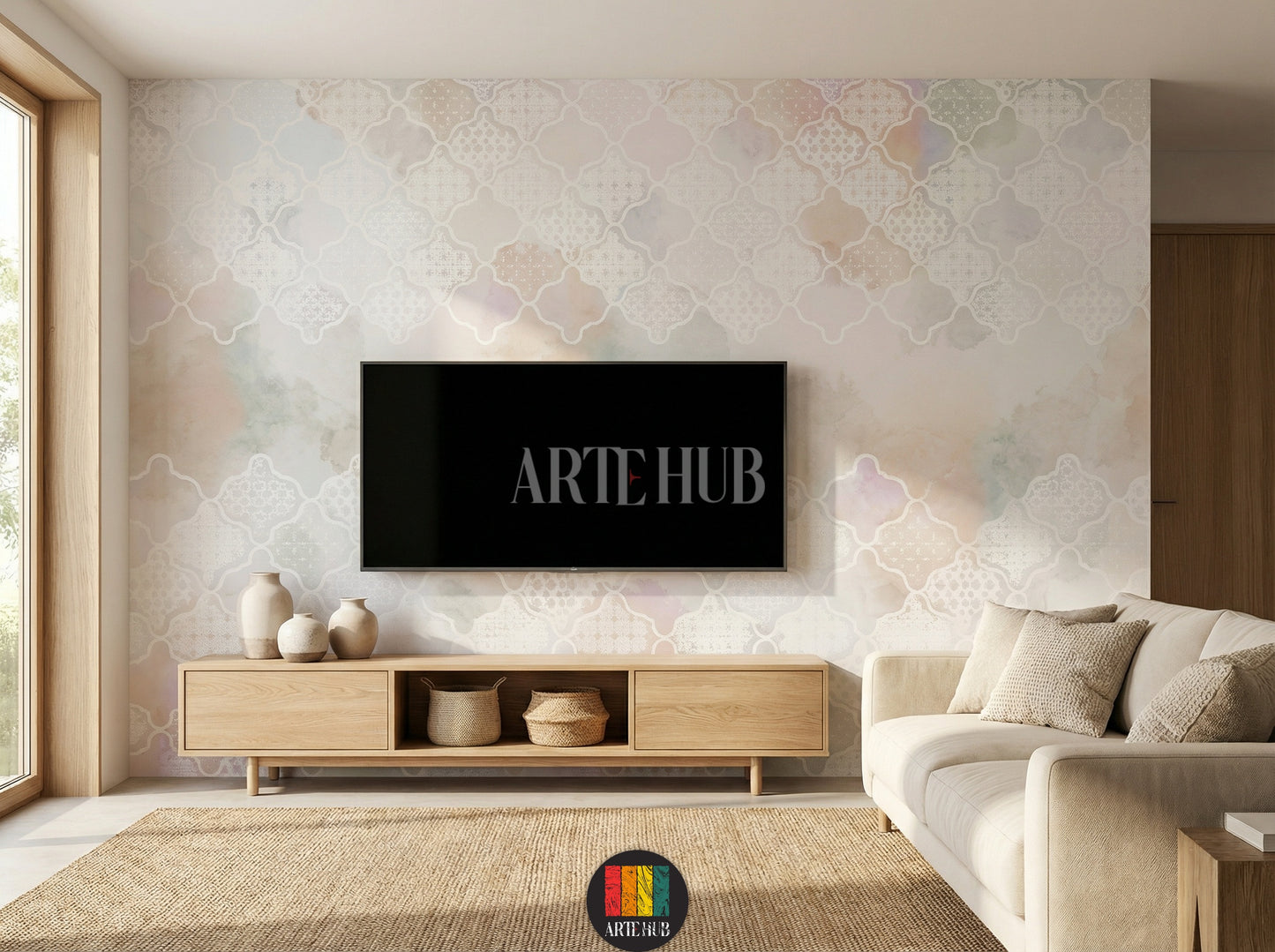 Elegant tv room featuring Alhambra Moroccan pattern wallpaper with a soft watercolor blend of pastel hues. A golden pendant light hangs above a wooden table with rattan chairs. Ideal for modern Egyptian home decor.
غرفة معيشة أنيقة تتميز بورق حائط Alhambra بنمط مغربي وألوان مائية هادئة. ثريا ذهبية معلقة فوق طاولة خشبية وكراسي من الخيزران. مثالي لديكور المنازل العصرية في مصر.
room: tv