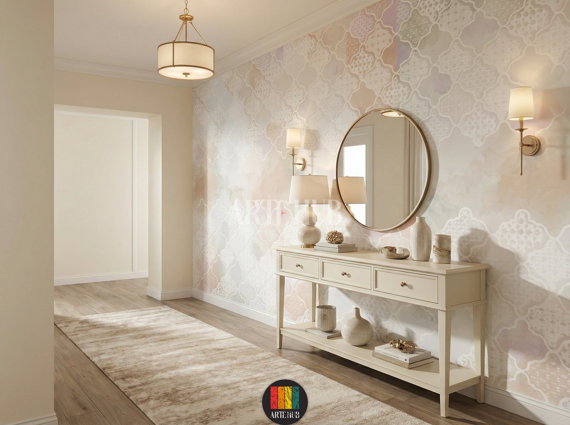 Elegant hallway featuring Alhambra Moroccan pattern wallpaper with a soft watercolor blend of pastel hues. A golden pendant light hangs above a wooden table with rattan chairs. Ideal for modern Egyptian home decor.
ممر أنيق تتميز بورق حائط Alhambra بنمط مغربي وألوان مائية هادئة. ثريا ذهبية معلقة فوق طاولة خشبية وكراسي من الخيزران. مثالي لديكور المنازل العصرية في مصر.
room: hallway