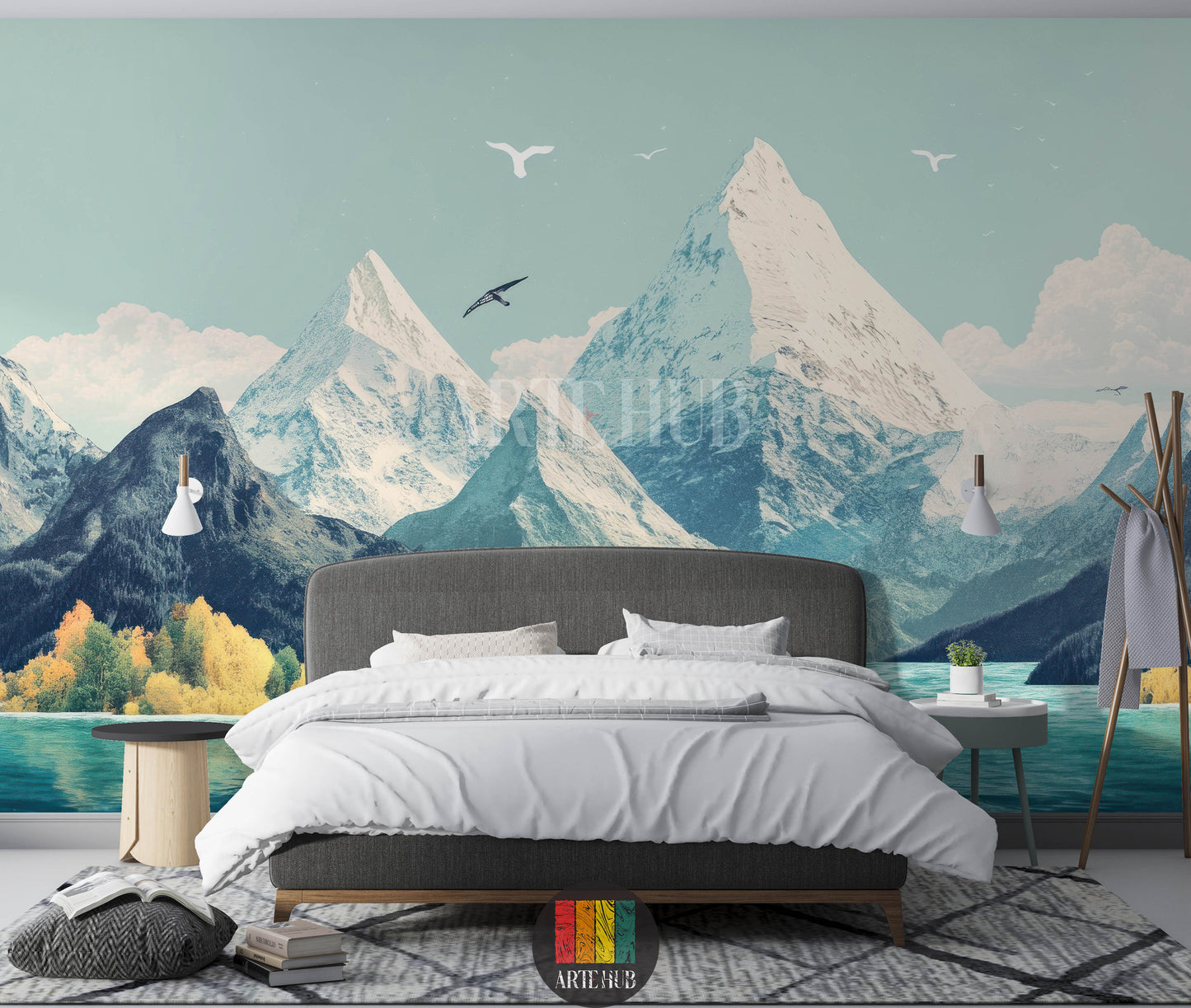 Detailed view of a modern bedroom featuring a stunning wallpaper mural depicting snowy Alpine mountains, a forest, and a tranquil river. Ideal for contemporary home decor in Egypt, enhancing any space with a natural, serene landscape.
صورة تفصيلية لغرفة عصرية مع ورق حائط جداري مذهل يصور جبال الألب الثلجية وغابة ونهر هادئ. مثالي للديكورات المنزلية المعاصرة في مصر، ويضيف لمسة طبيعية هادئة للمساحات.
room: bedroom