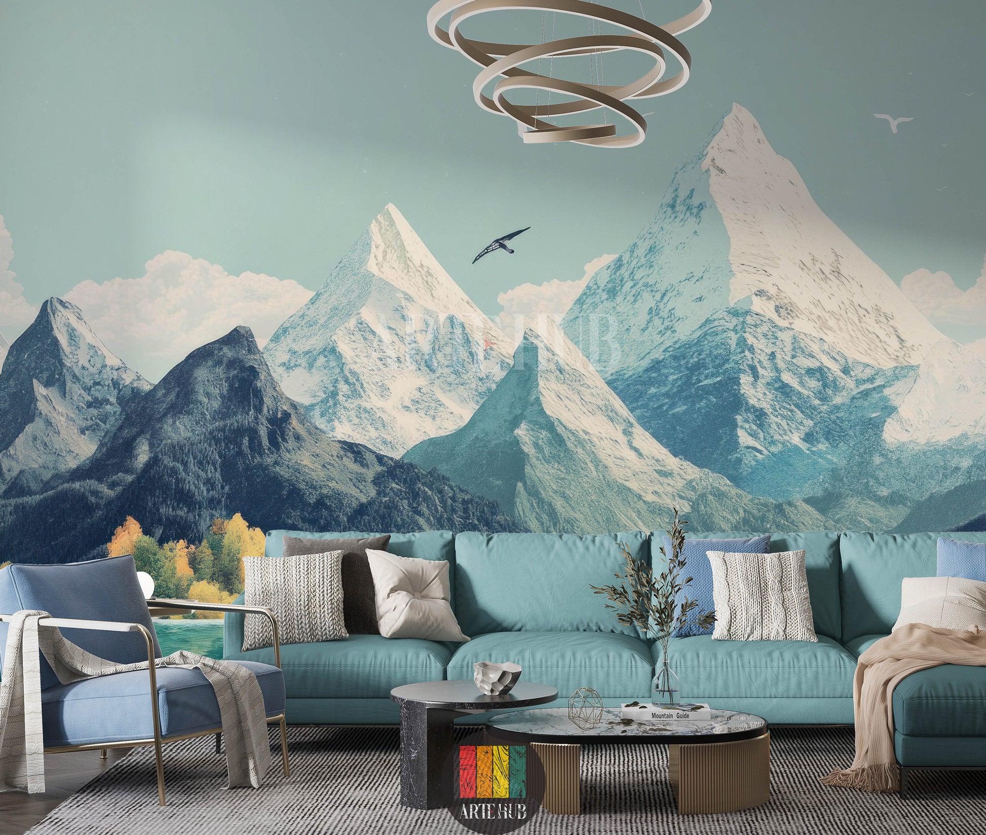 Detailed view of a modern living room featuring a stunning wallpaper mural depicting snowy Alpine mountains, a forest, and a tranquil river. Ideal for contemporary home decor in Egypt, enhancing any space with a natural, serene landscape.
صورة تفصيلية لغرفة معيشة عصرية مع ورق حائط جداري مذهل يصور جبال الألب الثلجية وغابة ونهر هادئ. مثالي للديكورات المنزلية المعاصرة في مصر، ويضيف لمسة طبيعية هادئة للمساحات.
room: living room