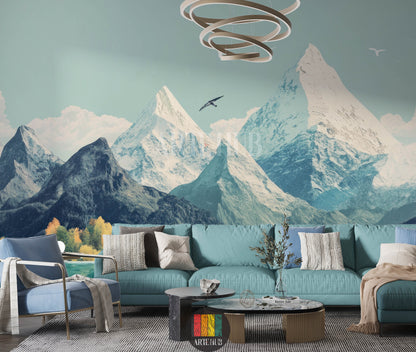 Detailed view of a modern living room featuring a stunning wallpaper mural depicting snowy Alpine mountains, a forest, and a tranquil river. Ideal for contemporary home decor in Egypt, enhancing any space with a natural, serene landscape.
صورة تفصيلية لغرفة معيشة عصرية مع ورق حائط جداري مذهل يصور جبال الألب الثلجية وغابة ونهر هادئ. مثالي للديكورات المنزلية المعاصرة في مصر، ويضيف لمسة طبيعية هادئة للمساحات.
room: living room