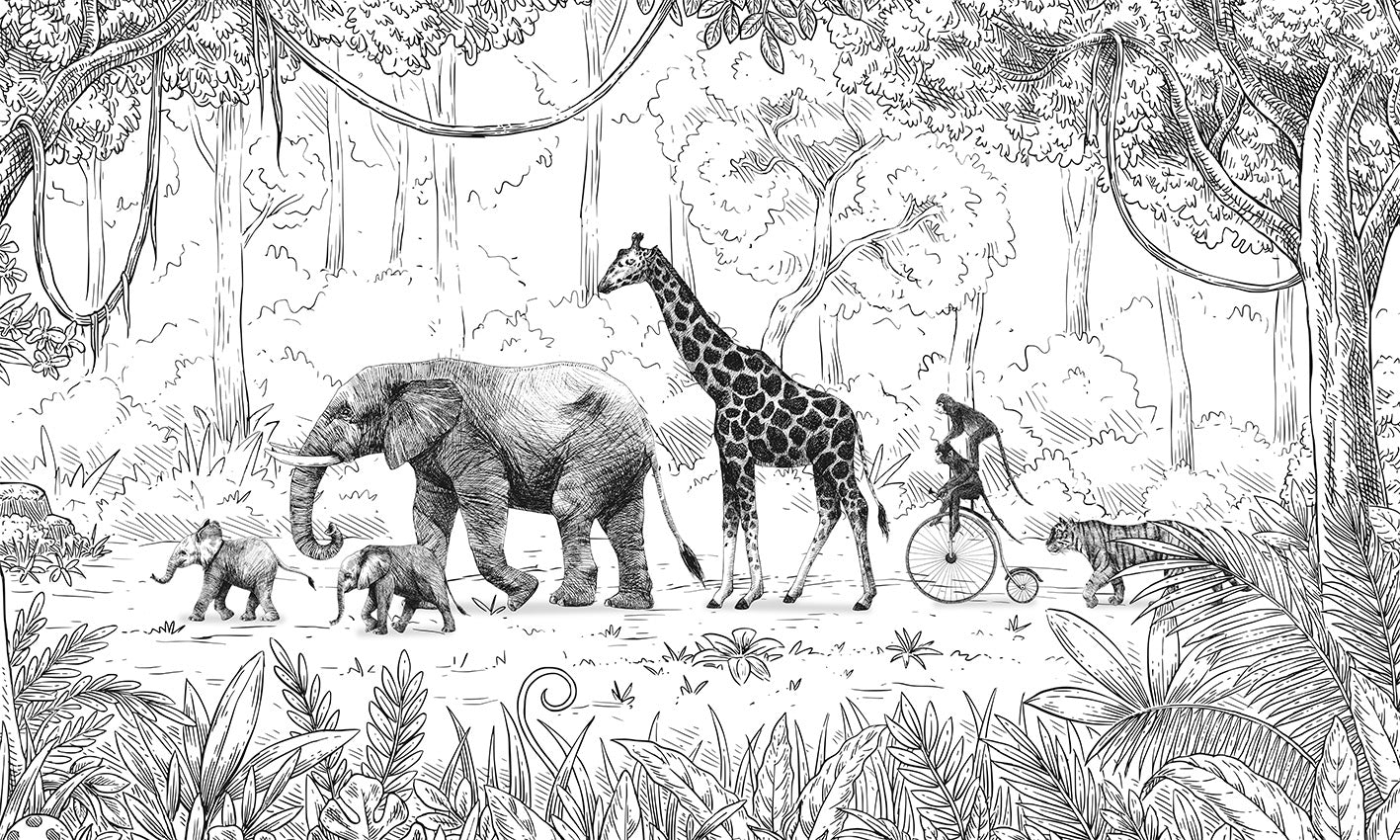 Animal Parade - BW European mural wallpaper design for kids room — Artehub Egypt