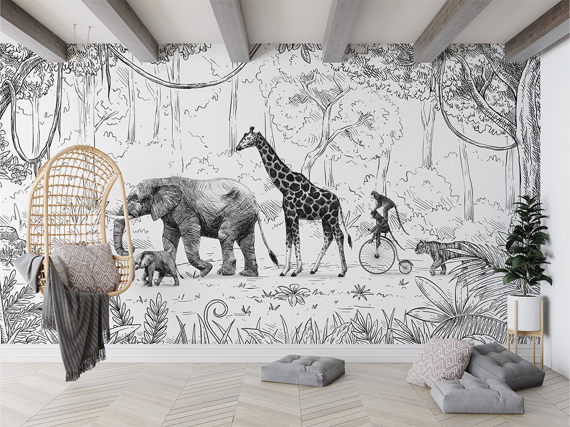 Animal Parade - BW luxury wallpaper in kids room interior — Artehub Egypt