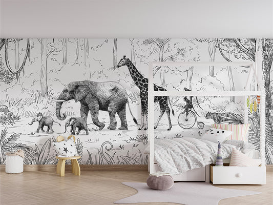 Animal Parade - BW luxury wallpaper in kids room interior — Artehub Egypt
