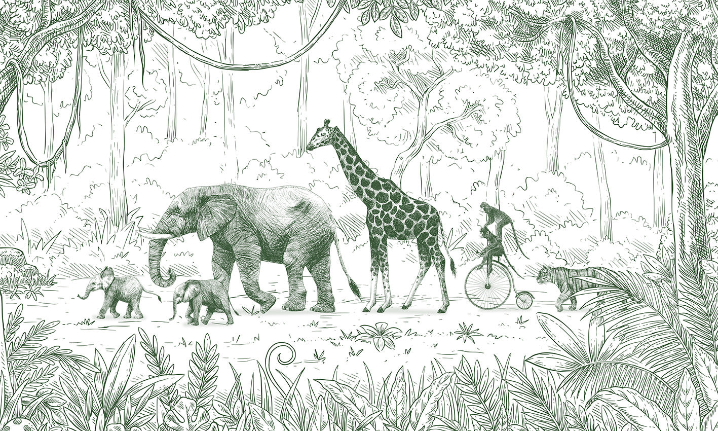 Animal Parade - Green European mural wallpaper design for kids room — Artehub Egypt