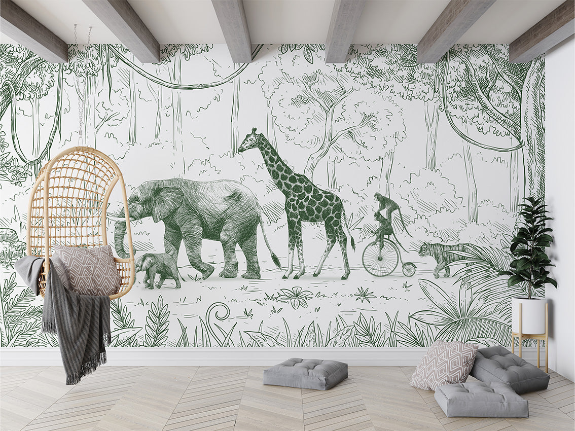 Animal Parade - Green luxury wallpaper in kids room interior — Artehub Egypt