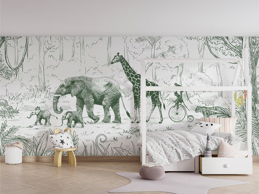 Animal Parade - Green luxury wallpaper in kids room interior — Artehub Egypt
