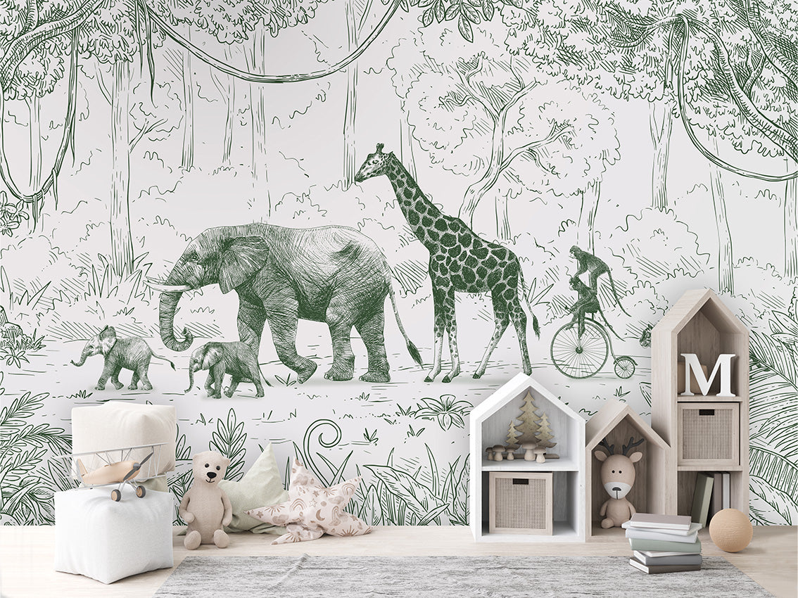 Animal Parade - Green luxury wallpaper in kids room interior — Artehub Egypt