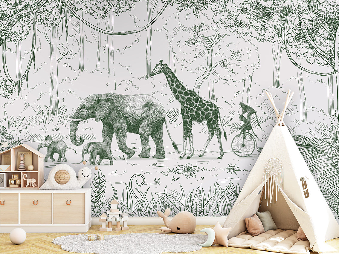 Animal Parade - Green luxury wallpaper in kids room interior — Artehub Egypt