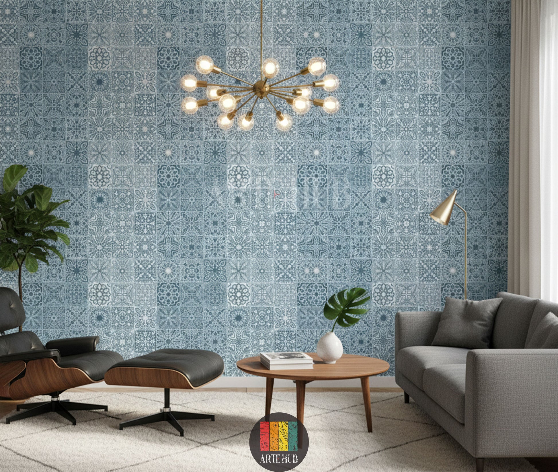 Detailed blue and white Arabesque tile pattern wallpaper in a stylish modern Egyptian living room featuring a black lounge chair, grey sofa, and a unique chandelier.
ورق حائط بنمط بلاط أرابيسك أزرق وأبيض مفصل في غرفة معيشة مصرية حديثة وأنيقة، مع كرسي استرخاء أسود، أريكة رمادية، وثريا مميزة.
room: living room