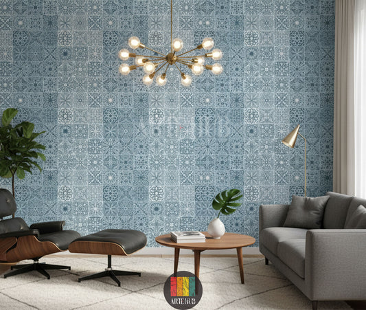Detailed blue and white Arabesque tile pattern wallpaper in a stylish modern Egyptian living room featuring a black lounge chair, grey sofa, and a unique chandelier.
ورق حائط بنمط بلاط أرابيسك أزرق وأبيض مفصل في غرفة معيشة مصرية حديثة وأنيقة، مع كرسي استرخاء أسود، أريكة رمادية، وثريا مميزة.
room: living room