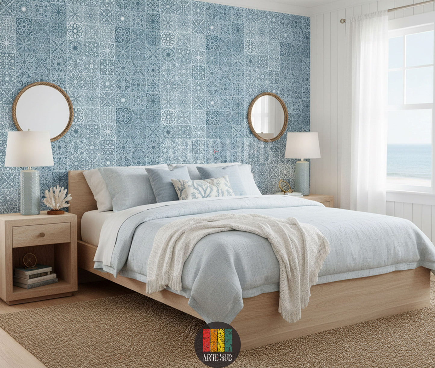 Detailed blue and white Arabesque tile pattern wallpaper in a stylish modern Egyptian bedroom featuring a black lounge chair, grey sofa, and a unique chandelier.
ورق حائط بنمط بلاط أرابيسك أزرق وأبيض مفصل في غرفة نوم مصرية حديثة وأنيقة، مع كرسي استرخاء أسود، أريكة رمادية، وثريا مميزة.
room: bedroom