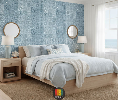 Detailed blue and white Arabesque tile pattern wallpaper in a stylish modern Egyptian bedroom featuring a black lounge chair, grey sofa, and a unique chandelier.
ورق حائط بنمط بلاط أرابيسك أزرق وأبيض مفصل في غرفة نوم مصرية حديثة وأنيقة، مع كرسي استرخاء أسود، أريكة رمادية، وثريا مميزة.
room: bedroom