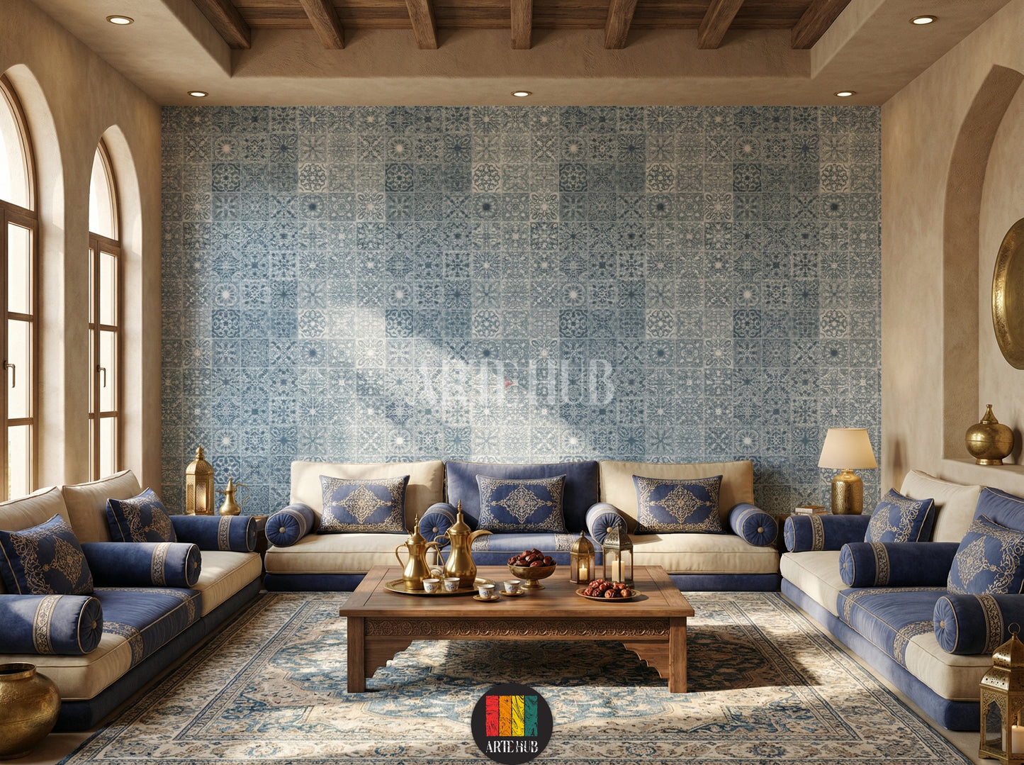 Detailed blue and white Arabesque tile pattern wallpaper in a stylish modern Egyptian majles room featuring a black lounge chair, grey sofa, and a unique chandelier.
ورق حائط بنمط بلاط أرابيسك أزرق وأبيض مفصل في غرفة معيشة مصرية حديثة وأنيقة، مع كرسي استرخاء أسود، أريكة رمادية، وثريا مميزة.
room: majles 
