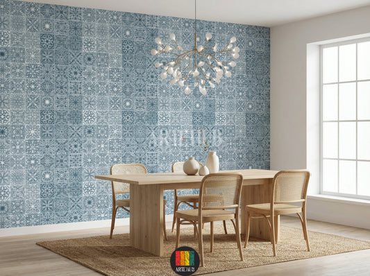 Detailed blue and white Arabesque tile pattern wallpaper in a stylish modern Egyptian dining room featuring a black lounge chair, grey sofa, and a unique chandelier.
ورق حائط بنمط بلاط أرابيسك أزرق وأبيض مفصل في غرفة سفرة مصرية حديثة وأنيقة، مع كرسي استرخاء أسود، أريكة رمادية، وثريا مميزة.
room: dining room