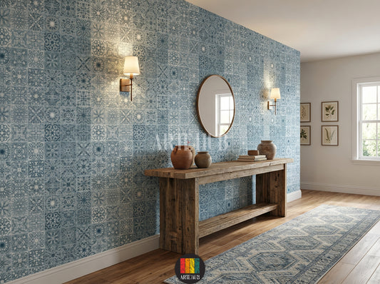 Detailed blue and white Arabesque tile pattern wallpaper in a stylish modern Egyptian hallway featuring a black lounge chair, grey sofa, and a unique chandelier.
ورق حائط بنمط بلاط أرابيسك أزرق وأبيض مفصل في ممر مصري حديثة وأنيقة، مع كرسي استرخاء أسود، أريكة رمادية، وثريا مميزة.
room: hallway