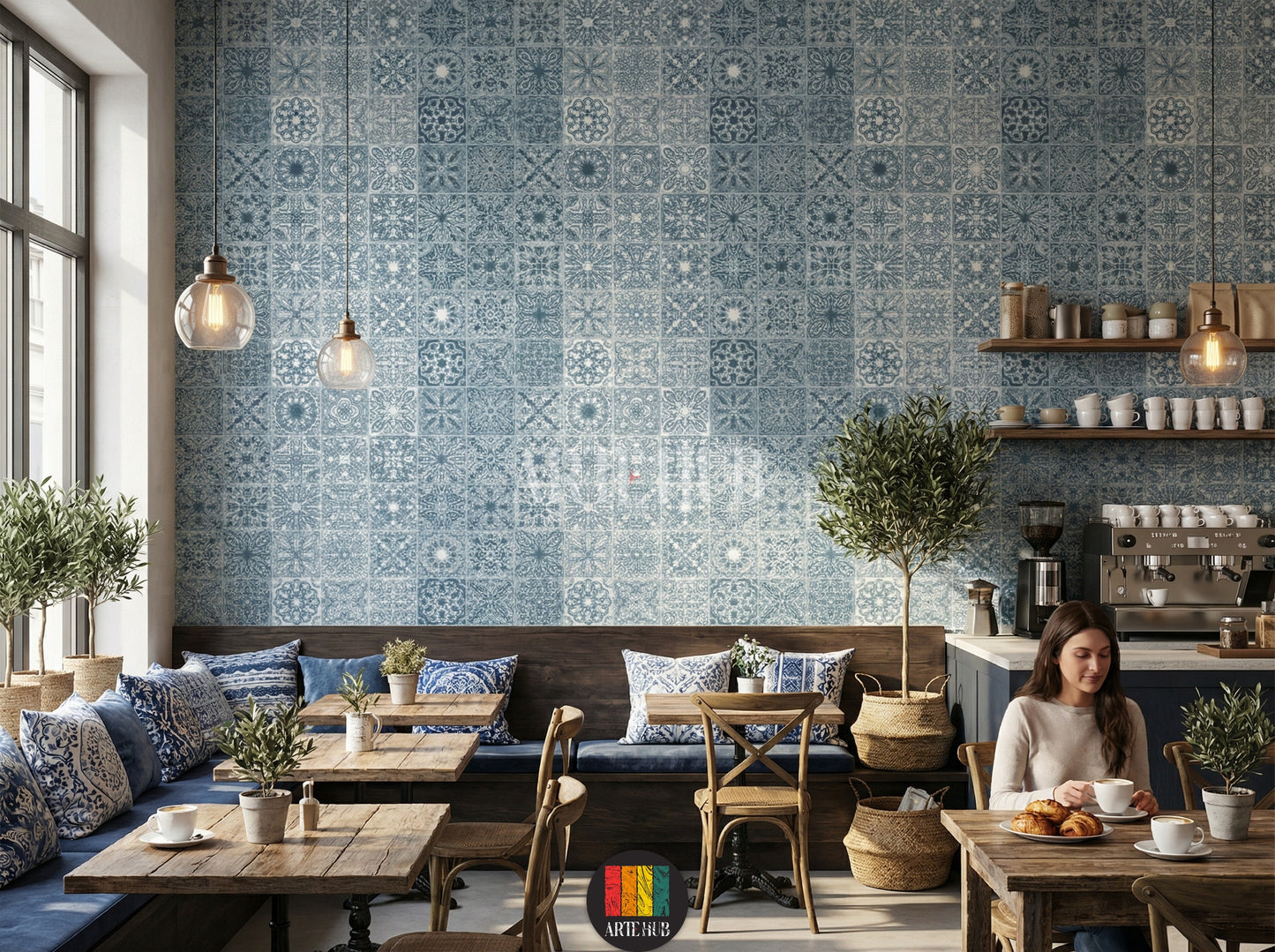 Detailed blue and white Arabesque tile pattern wallpaper in a stylish modern Egyptian cafe featuring a black lounge chair, grey sofa, and a unique chandelier.
ورق حائط بنمط بلاط أرابيسك أزرق وأبيض مفصل في كافيه مصرية حديثة وأنيقة، مع كرسي استرخاء أسود، أريكة رمادية، وثريا مميزة.
room: cafe