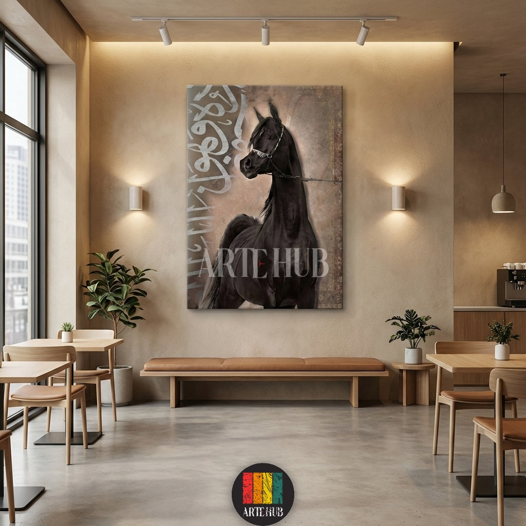 Stunning black Arabian horse with Arabic calligraphy on a large canvas, perfect for modern Egyptian style luxury interiors by Artehub Egypt.

 لوحة فنية لحصان عربي أسود أصيل مع خط عربي مميز، قطعة ديكور راقية للمنازل في مصر من آرت هاب Artehub.