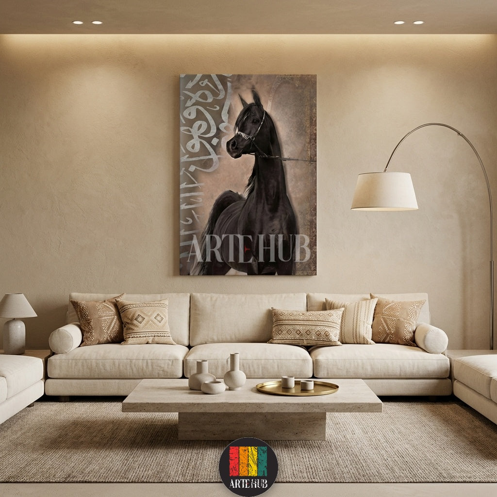 Stunning black Arabian horse with Arabic calligraphy on a large canvas, perfect for modern Egyptian style luxury interiors by Artehub Egypt.

 لوحة فنية لحصان عربي أسود أصيل مع خط عربي مميز، قطعة ديكور راقية للمنازل في مصر من آرت هاب Artehub.