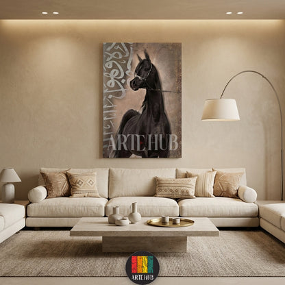 Stunning black Arabian horse with Arabic calligraphy on a large canvas, perfect for modern Egyptian style luxury interiors by Artehub Egypt.

 لوحة فنية لحصان عربي أسود أصيل مع خط عربي مميز، قطعة ديكور راقية للمنازل في مصر من آرت هاب Artehub.