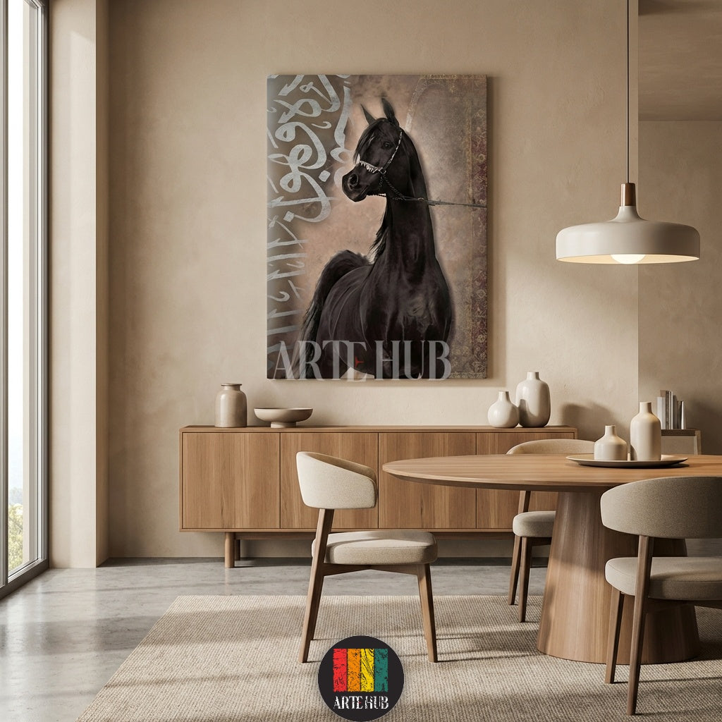 Stunning black Arabian horse with Arabic calligraphy on a large canvas, perfect for modern Egyptian style luxury interiors by Artehub Egypt.

 لوحة فنية لحصان عربي أسود أصيل مع خط عربي مميز، قطعة ديكور راقية للمنازل في مصر من آرت هاب Artehub.