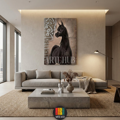 Stunning black Arabian horse with Arabic calligraphy on a large canvas, perfect for modern Egyptian style luxury interiors by Artehub Egypt.

 لوحة فنية لحصان عربي أسود أصيل مع خط عربي مميز، قطعة ديكور راقية للمنازل في مصر من آرت هاب Artehub.