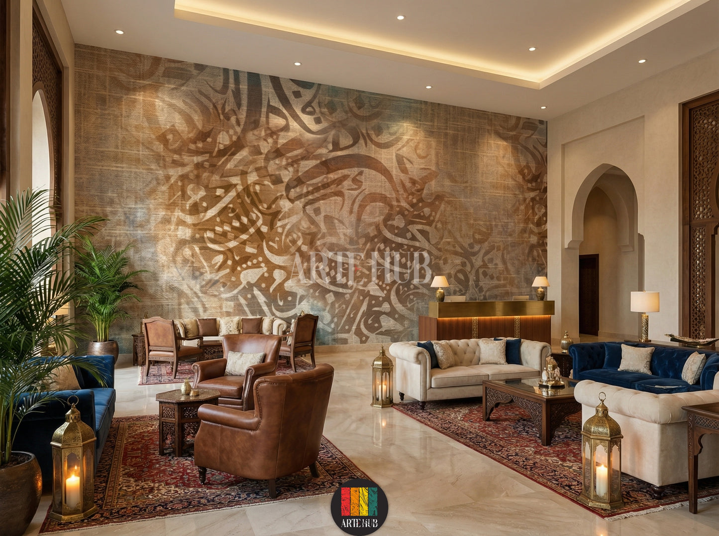 Full shot of a lobby featuring a custom Arabic calligraphy wallpaper with a burlap-like texture. The warm, abstract design enhances the elegant Egyptian decor. Includes a bed, bedside tables, and hanging lamps.
صورة كاملة لغرفة عصرية مزينة بورق حائط بتصميم خط عربي مميز على خلفية نسيجية. يضيف التصميم الدافئ والأنيق لمسة ديكور مصرية راقية. تظهر السرير والطاولات الجانبية والإضاءة المعلقة.
room: lobby