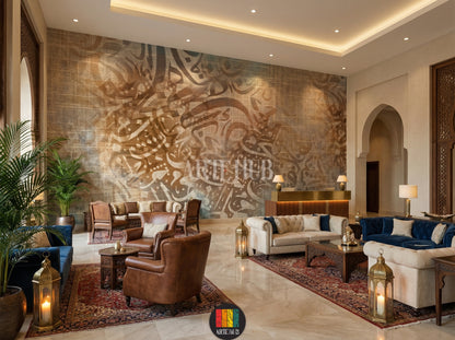 Full shot of a lobby featuring a custom Arabic calligraphy wallpaper with a burlap-like texture. The warm, abstract design enhances the elegant Egyptian decor. Includes a bed, bedside tables, and hanging lamps.
صورة كاملة لغرفة عصرية مزينة بورق حائط بتصميم خط عربي مميز على خلفية نسيجية. يضيف التصميم الدافئ والأنيق لمسة ديكور مصرية راقية. تظهر السرير والطاولات الجانبية والإضاءة المعلقة.
room: lobby