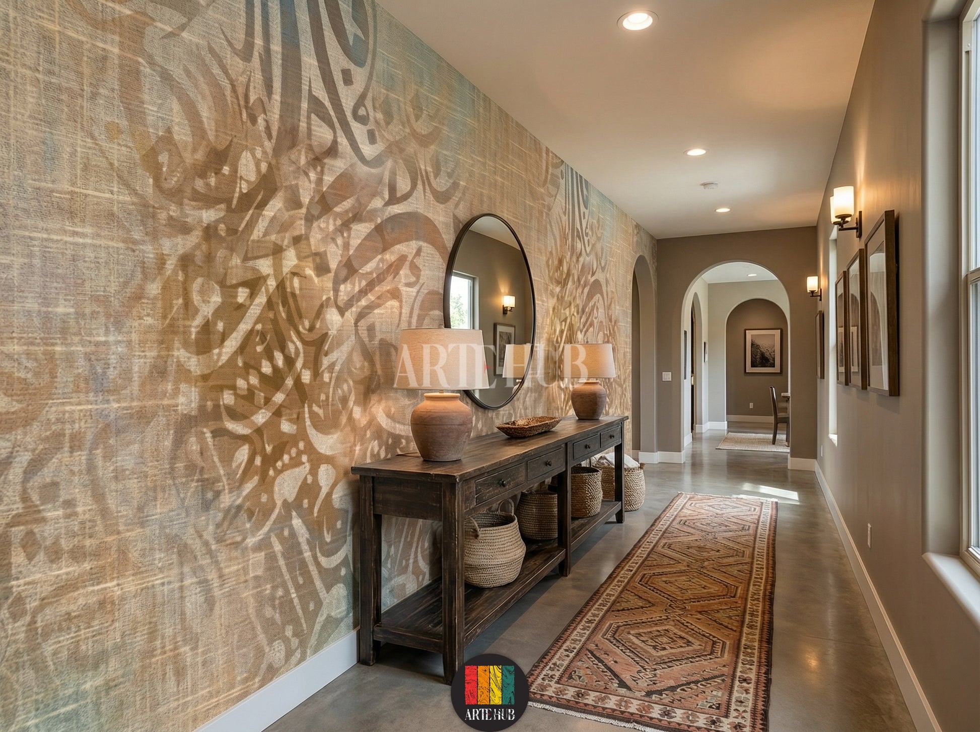 Full shot of a contemporary hallway featuring a custom Arabic calligraphy wallpaper with a burlap-like texture. The warm, abstract design enhances the elegant Egyptian decor. Includes a bed, bedside tables, and hanging lamps.
صورة كاملة لغرفة عصرية مزينة بورق حائط بتصميم خط عربي مميز على خلفية نسيجية. يضيف التصميم الدافئ والأنيق لمسة ديكور مصرية راقية. تظهر السرير والطاولات الجانبية والإضاءة المعلقة.
room: hallway