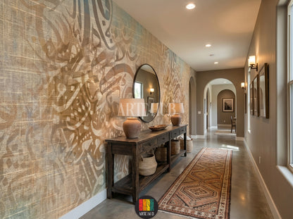 Full shot of a contemporary hallway featuring a custom Arabic calligraphy wallpaper with a burlap-like texture. The warm, abstract design enhances the elegant Egyptian decor. Includes a bed, bedside tables, and hanging lamps.
صورة كاملة لغرفة عصرية مزينة بورق حائط بتصميم خط عربي مميز على خلفية نسيجية. يضيف التصميم الدافئ والأنيق لمسة ديكور مصرية راقية. تظهر السرير والطاولات الجانبية والإضاءة المعلقة.
room: hallway