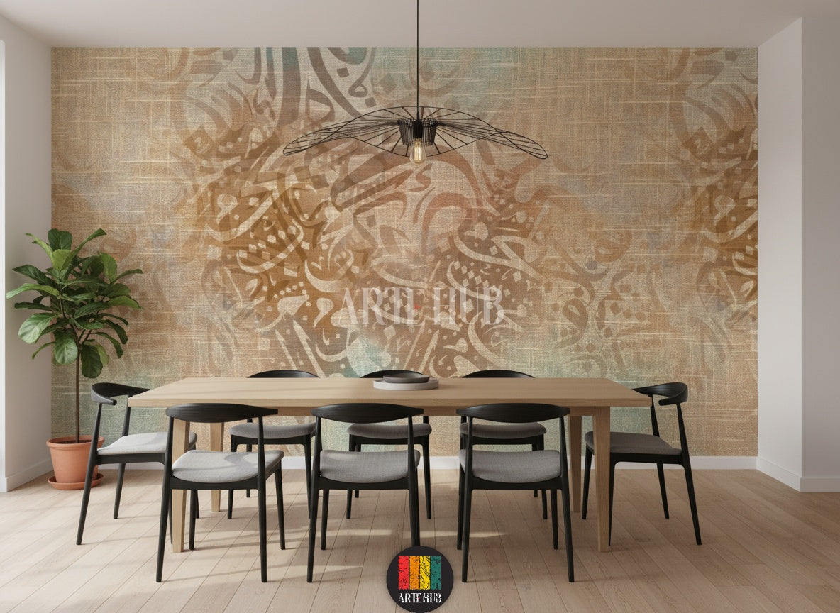 Full shot of a contemporary dining room featuring a custom Arabic calligraphy wallpaper with a burlap-like texture. The warm, abstract design enhances the elegant Egyptian decor. Includes a bed, bedside tables, and hanging lamps.
صورة كاملة لغرفة طعام عصرية مزينة بورق حائط بتصميم خط عربي مميز على خلفية نسيجية. يضيف التصميم الدافئ والأنيق لمسة ديكور مصرية راقية. تظهر السرير والطاولات الجانبية والإضاءة المعلقة.
room: dining room
