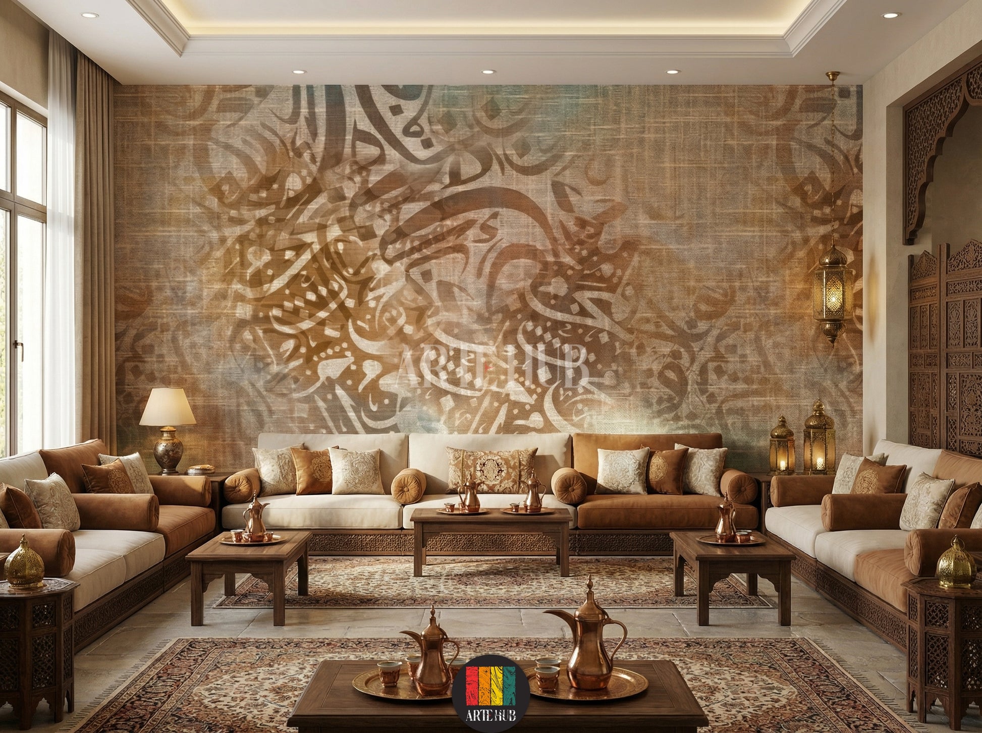 Full shot of a contemporary majles room featuring a custom Arabic calligraphy wallpaper with a burlap-like texture. The warm, abstract design enhances the elegant Egyptian decor. Includes a bed, bedside tables, and hanging lamps.
صورة كاملة لغرفة عصرية مزينة بورق حائط بتصميم خط عربي مميز على خلفية نسيجية. يضيف التصميم الدافئ والأنيق لمسة ديكور مصرية راقية. تظهر السرير والطاولات الجانبية والإضاءة المعلقة.
room: majles room