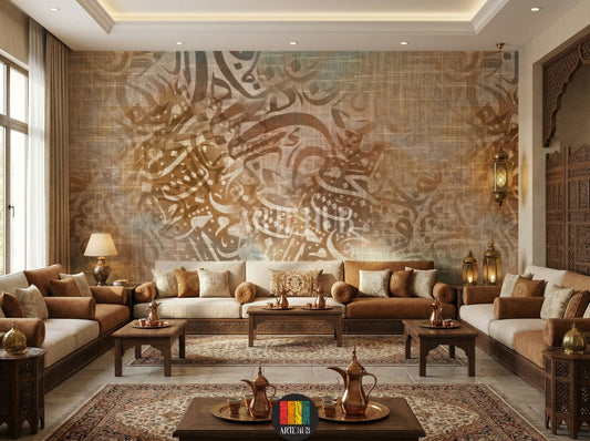 Full shot of a contemporary majles room featuring a custom Arabic calligraphy wallpaper with a burlap-like texture. The warm, abstract design enhances the elegant Egyptian decor. Includes a bed, bedside tables, and hanging lamps.
صورة كاملة لغرفة عصرية مزينة بورق حائط بتصميم خط عربي مميز على خلفية نسيجية. يضيف التصميم الدافئ والأنيق لمسة ديكور مصرية راقية. تظهر السرير والطاولات الجانبية والإضاءة المعلقة.
room: majles room