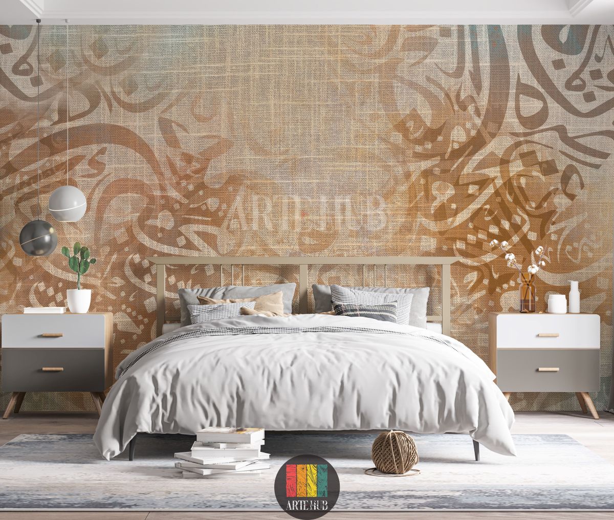 Full shot of a contemporary bedroom featuring a custom Arabic calligraphy wallpaper with a burlap-like texture. The warm, abstract design enhances the elegant Egyptian decor. Includes a bed, bedside tables, and hanging lamps.
صورة كاملة لغرفة نوم عصرية مزينة بورق حائط بتصميم خط عربي مميز على خلفية نسيجية. يضيف التصميم الدافئ والأنيق لمسة ديكور مصرية راقية. تظهر السرير والطاولات الجانبية والإضاءة المعلقة.
room: bedroom