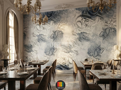 A stylish bedroom featuring a wall covered in grey and blue abstract watercolor Arabic calligraphy wallpaper, perfect for modern Egyptian home decor.
مطعم أنيق بورق حائط خط عربي بألوان رمادية وزرقاء مائية مجردة، مثالي لديكورات المنازل العصرية في مصر.
room: restaurant