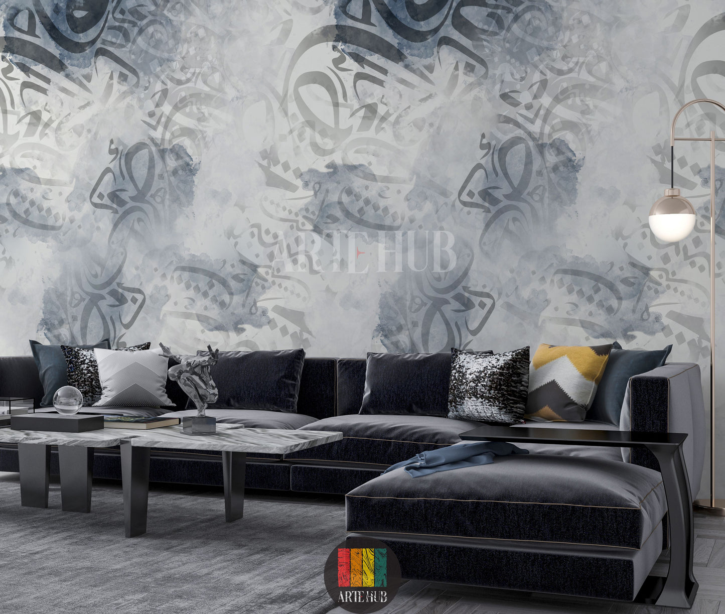 A stylish bedroom featuring a wall covered in grey and blue abstract watercolor Arabic calligraphy wallpaper, perfect for modern Egyptian home decor.
غرفة معيشة أنيقة بورق حائط خط عربي بألوان رمادية وزرقاء مائية مجردة، مثالي لديكورات المنازل العصرية في مصر.
room: living room