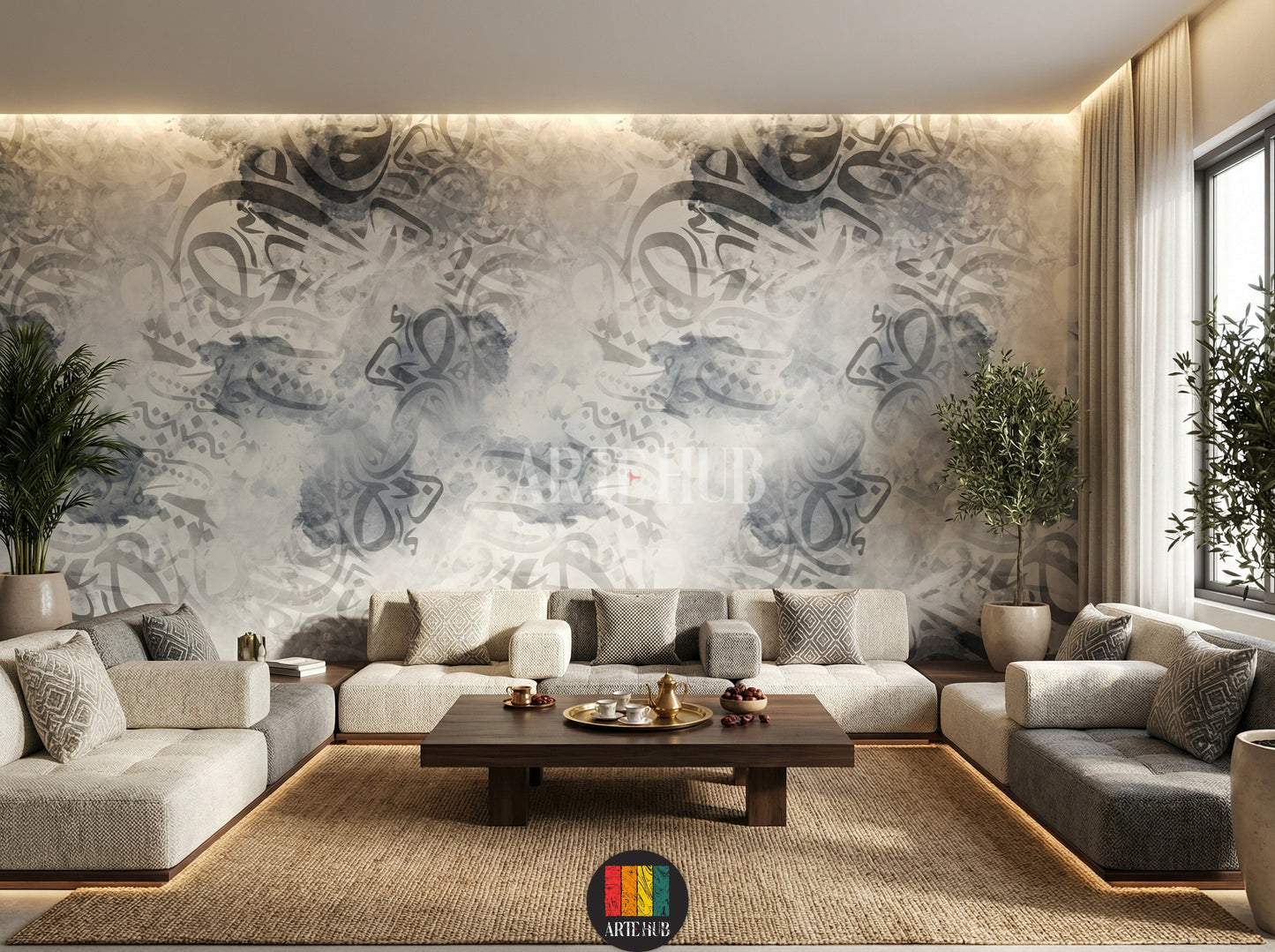 A stylish bedroom featuring a wall covered in grey and blue abstract watercolor Arabic calligraphy wallpaper, perfect for modern Egyptian home decor.
غرفة مجلس أنيقة بورق حائط خط عربي بألوان رمادية وزرقاء مائية مجردة، مثالي لديكورات المنازل العصرية في مصر.
room: majles room