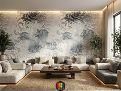 A stylish bedroom featuring a wall covered in grey and blue abstract watercolor Arabic calligraphy wallpaper, perfect for modern Egyptian home decor.
غرفة مجلس أنيقة بورق حائط خط عربي بألوان رمادية وزرقاء مائية مجردة، مثالي لديكورات المنازل العصرية في مصر.
room: majles room