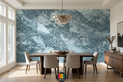 A modern bedroom featuring a prominent wallpaper with abstract Arabic calligraphy in shades of blue and grey, creating a serene artistic atmosphere. Ideal wall decor for homes in Egypt.
غرفة نوم عصرية تحتوي على ورق حائط مميز بفن الخط العربي التجريدي بدرجات الأزرق والرمادي، مما يخلق أجواء فنية هادئة. مثالي لديكور حوائط المنازل في مصر.
room: dining room