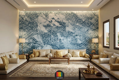 A modern  featuring a prominent wallpaper with abstract Arabic calligraphy in shades of blue and grey, creating a serene artistic atmosphere. Ideal wall decor for homes in Egypt.
غرفة نوم عصرية تحتوي على ورق حائط مميز بفن الخط العربي التجريدي بدرجات الأزرق والرمادي، مما يخلق أجواء فنية هادئة. مثالي لديكور حوائط المنازل في مصر.
room: majles room