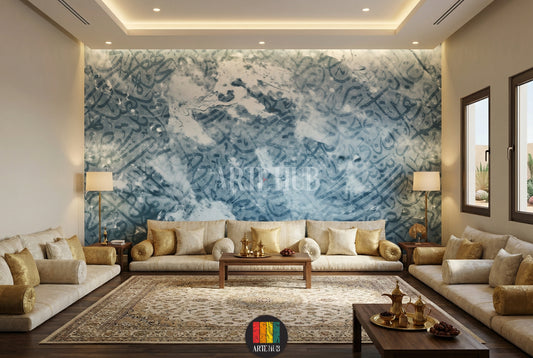 A modern  featuring a prominent wallpaper with abstract Arabic calligraphy in shades of blue and grey, creating a serene artistic atmosphere. Ideal wall decor for homes in Egypt.
غرفة نوم عصرية تحتوي على ورق حائط مميز بفن الخط العربي التجريدي بدرجات الأزرق والرمادي، مما يخلق أجواء فنية هادئة. مثالي لديكور حوائط المنازل في مصر.
room: majles room