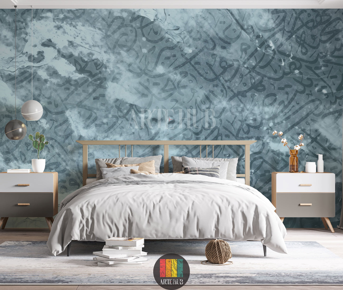 A modern bedroom featuring a prominent wallpaper with abstract Arabic calligraphy in shades of blue and grey, creating a serene artistic atmosphere. Ideal wall decor for homes in Egypt.
غرفة نوم عصرية تحتوي على ورق حائط مميز بفن الخط العربي التجريدي بدرجات الأزرق والرمادي، مما يخلق أجواء فنية هادئة. مثالي لديكور حوائط المنازل في مصر.
room: bedroom