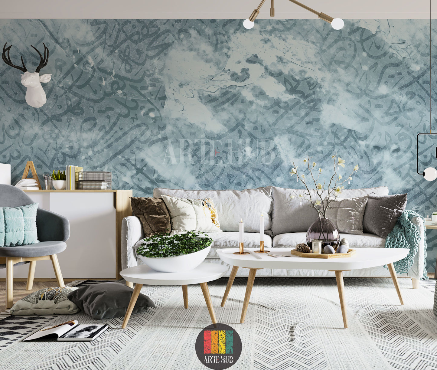 A modern bedroom featuring a prominent wallpaper with abstract Arabic calligraphy in shades of blue and grey, creating a serene artistic atmosphere. Ideal wall decor for homes in Egypt.
غرفة نوم عصرية تحتوي على ورق حائط مميز بفن الخط العربي التجريدي بدرجات الأزرق والرمادي، مما يخلق أجواء فنية هادئة. مثالي لديكور حوائط المنازل في مصر.
room: living room