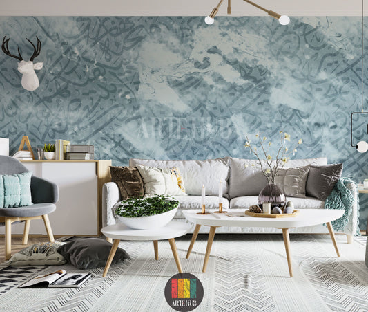 A modern bedroom featuring a prominent wallpaper with abstract Arabic calligraphy in shades of blue and grey, creating a serene artistic atmosphere. Ideal wall decor for homes in Egypt.
غرفة نوم عصرية تحتوي على ورق حائط مميز بفن الخط العربي التجريدي بدرجات الأزرق والرمادي، مما يخلق أجواء فنية هادئة. مثالي لديكور حوائط المنازل في مصر.
room: living room