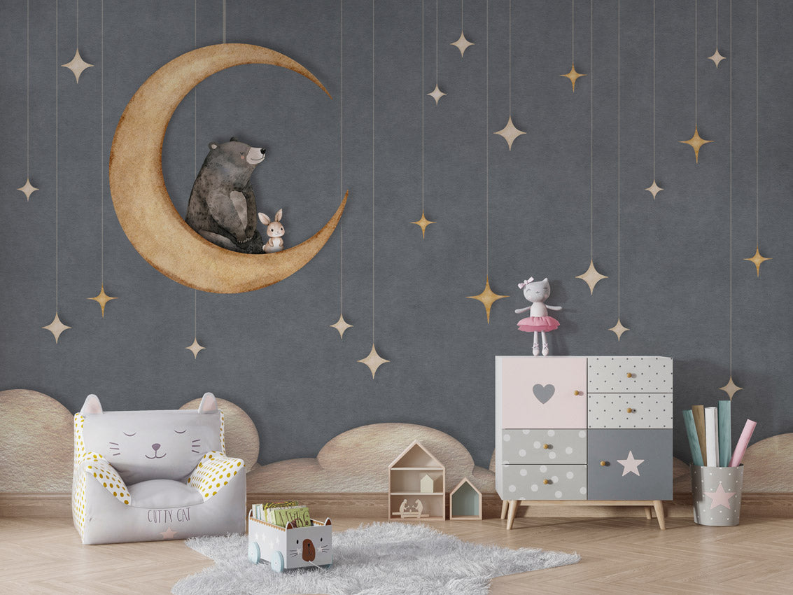 Bear on the Moon - blue kids room wallpaper interior — premium wallpaper by Artehub Egypt