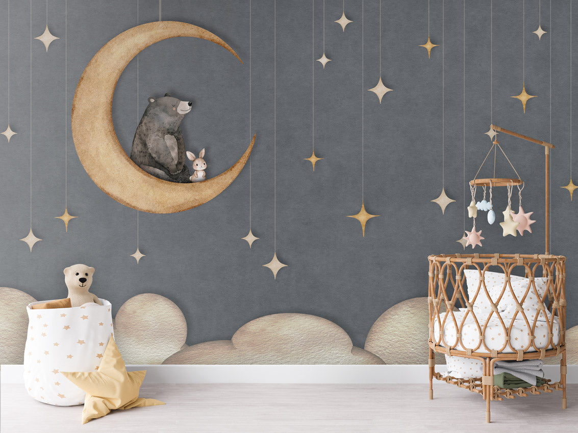 Bear on the Moon - blue kids room wallpaper interior — premium wallpaper by Artehub Egypt