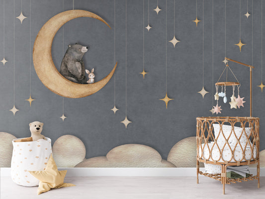 Bear on the Moon - blue kids room wallpaper interior — premium wallpaper by Artehub Egypt