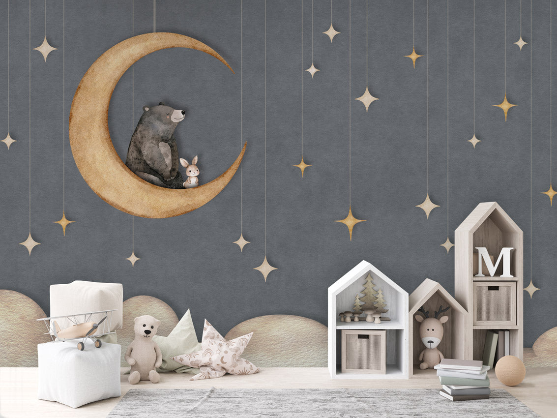 Bear on the Moon - blue kids room wallpaper interior — premium wallpaper by Artehub Egypt